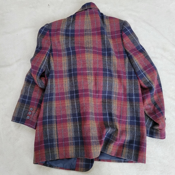 Plaid Wool Blazer Burgundy Navy Vintage Tartan Jacket 12 - Picture 5 of 6